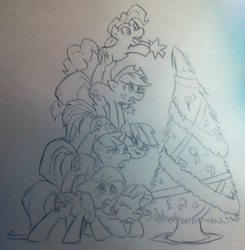 Size: 1149x1174 | Tagged: safe, artist:ponchuzn, applejack, fluttershy, pinkie pie, rainbow dash, rarity, twilight sparkle, g4, christmas tree, mane six, tree