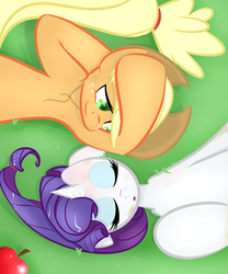 Size: 2000x2400 | Tagged: safe, artist:kryptchild, applejack, rarity, g4, alternate hairstyle, female, lesbian, ship:rarijack, shipping, sleeping