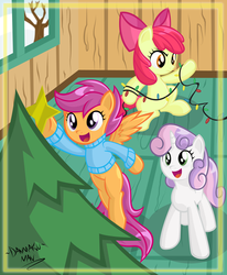 Size: 2059x2500 | Tagged: safe, artist:danmakuman, apple bloom, scootaloo, sweetie belle, earth pony, pegasus, pony, unicorn, g4, christmas lights, christmas tree, clothes, cutie mark crusaders, sweater, tree
