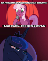 Size: 536x676 | Tagged: safe, cheerilee, princess luna, g4, cheerilee pun, exploitable meme, frown, image macro, luna is not amused, meme, pun, tough critic luna, unamused