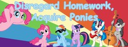 Size: 851x315 | Tagged: safe, dj pon-3, octavia melody, pinkie pie, rainbow dash, twilight sparkle, vinyl scratch, g4, banner, homework, rainbow