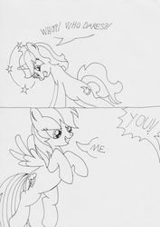 Size: 2316x3276 | Tagged: safe, artist:the-ross, rainbow dash, oc, oc:force magnitude, pegasus, pony, unicorn, comic:terrible fan, g4, female, flying, mary sue, monochrome, sketch