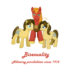 Size: 568x555 | Tagged: safe, big macintosh, caramel, toffee, earth pony, pony, g4, bisexuality, implied bisexual, implied gay, implied straight, male, rule 63, ship:caramac, stallion