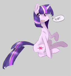 Size: 584x627 | Tagged: artist needed, safe, twilight sparkle, pony, g4, female, one word, purple smart, raised hoof, sitting, solo, wat