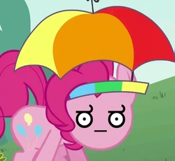 Size: 852x784 | Tagged: safe, edit, edited screencap, screencap, pinkie pie, earth pony, pony, feeling pinkie keen, g4, my little pony: friendship is magic, female, hat, look of disapproval, mare, solo, umbrella hat