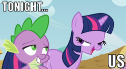 Size: 848x467 | Tagged: safe, edit, edited screencap, screencap, spike, twilight sparkle, dragon, pony, unicorn, g4, bedroom eyes, caption, female, image macro, male, mare, ship:twispike, shipping, straight, tonight you