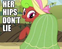 Size: 622x490 | Tagged: safe, edit, edited screencap, screencap, maple apple, apple family reunion, g4, butt, caption, clothes, dress, hat, hips don't lie, image macro, plot, shakira, song reference