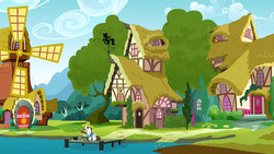 Size: 1280x720 | Tagged: safe, screencap, hondo flanks, pony, unicorn, g4, one bad apple, fishing, fishing rod, hat, house, male, pier, ponyville, solo, stallion, sweetie belle's house, tree, windmill