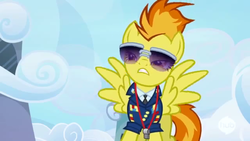 Size: 640x360 | Tagged: safe, screencap, spitfire, pegasus, pony, g4, wonderbolts academy, female, mare, solo, sunglasses