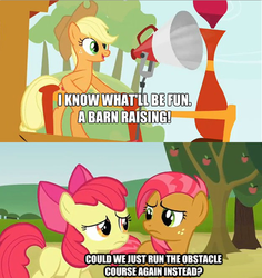 Size: 500x530 | Tagged: safe, apple bloom, applejack, babs seed, g4, caption, comic, image macro, text