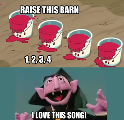 Size: 500x484 | Tagged: safe, edit, edited screencap, screencap, apple family reunion, g4, count von count, implied blood, raise this barn, sesame street, song