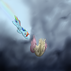 Size: 1200x1200 | Tagged: safe, artist:vabla, fluttershy, rainbow dash, pegasus, pony, g4, duo, falling