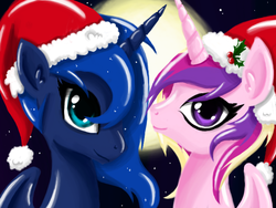 Size: 680x512 | Tagged: safe, artist:silvercommando, princess cadance, princess luna, g4, bust, christmas, duo, hat, holiday, looking at you, moon, portrait, profile, santa hat, side by side