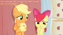 Size: 1779x1000 | Tagged: safe, edit, edited screencap, screencap, apple bloom, applejack, earth pony, pony, apple family reunion, g4, my little pony: friendship is magic, bed, bed mane, female, filly, foal, implied foalcon, incest, lesbian, mare, ship:bloomjack, shipping