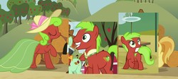 Size: 1213x545 | Tagged: safe, edit, edited screencap, screencap, apple cinnamon, braeburn, candy apples, maple apple, red june, g4, apple cinnamon family, apple family, apple family member, bolo tie, clothes, dress, hat, plate spinning