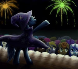 Size: 1694x1500 | Tagged: safe, artist:fox-moonglow, carrot top, derpy hooves, doctor whooves, golden harvest, minuette, rarity, time turner, trixie, earth pony, pegasus, pony, unicorn, g4, female, fireworks, happy, mare, smiling, stage