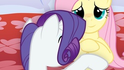 Size: 1366x768 | Tagged: safe, fluttershy, rarity, g4, bed, female, lesbian, ship:flarity, shipping, snuggling