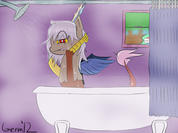 Size: 900x675 | Tagged: safe, artist:germaneseguy, discord, princess celestia, g4, bathtub, blushing, claw foot bathtub, eris, rule 63, shower, voyeurism, wet