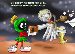 Size: 923x664 | Tagged: safe, artist:supersheep64, derpy hooves, pegasus, pony, g4, crossover, female, looney tunes, mare, marvin the martian, newbie artist training grounds, this will end in explosions