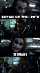 Size: 357x642 | Tagged: safe, scootaloo, g4, batman, heath ledger, joker with black guy meme, the dark knight, the joker