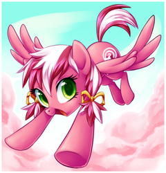 Size: 1000x1042 | Tagged: safe, artist:centchi, oc, oc only, oc:candy star, pegasus, pony, bow, cloud, cotton candy, cotton candy cloud, cute, female, flying, food, hair bow, mare, open mouth, passepartout, sky, smiling, solo