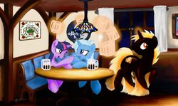 Size: 1159x689 | Tagged: safe, artist:syncallio, trixie, twilight sparkle, oc, g4, alcohol, blushing, drink, drunk, drunk twilight, female, lesbian, ship:twixie, shipping