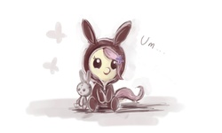 Size: 2500x1500 | Tagged: safe, artist:foxtailpegasus, fluttershy, pony, g4, baby, baby pony, babyshy, bunny costume, bunny pajamas, bunnyshy, clothes, cute, female, filly, plushie, solo, toy