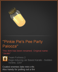 Size: 354x441 | Tagged: safe, pinkie pie, g4, jar, jarate, pee in container, team fortress 2, urine