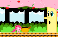 Size: 1124x710 | Tagged: safe, artist:bgkyouhen, fluttershy, pinkie pie, puffball, g4, cooking, crossover, fluttertree, kirby (series), kirby pie, kirby's adventure, kirbyfied, nintendo, species swap, tree, whispy woods