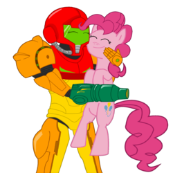 Size: 2048x2048 | Tagged: safe, pinkie pie, earth pony, human, pony, g4, crossover, female, hug, mare, metroid, nintendo, samus aran, simple background, transparent background