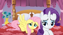 Size: 1366x768 | Tagged: safe, fluttershy, rarity, pegasus, pony, unicorn, g4, bed, bedroom eyes, cute, duo, female, lesbian, ship:flarity, shipping, shyabetes, smiling, wingboner