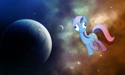 Size: 2212x1325 | Tagged: safe, minuette, pony, unicorn, g4, dizzy, earth pony minuette, female, mare, missing horn, planet, solo, space, wallpaper