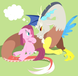 Size: 775x756 | Tagged: safe, artist:jiayi, discord, pinkie pie, g4, commission, female, male, pinkamena diane pie, ship:discopie, shipping, straight, thought bubble