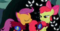 Size: 1092x567 | Tagged: safe, screencap, apple bloom, scootaloo, g4, stare master, lidded eyes