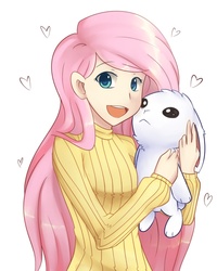 Size: 800x1000 | Tagged: safe, artist:solar-slash, angel bunny, fluttershy, g4, clothes, cute, female, heart, hug, humanized, open mouth, shyabetes, sweater, sweatershy