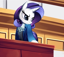 Size: 770x696 | Tagged: safe, artist:negativefox, rarity, pony, g4, ace attorney, courtroom, crossover, miles edgeworth, parody, solo
