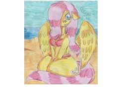 Size: 834x588 | Tagged: safe, artist:biacaty, fluttershy, anthro, g4, beach, bikini, clothes, swimsuit