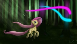 Size: 1200x680 | Tagged: safe, artist:psychoanalytic, fluttershy, g4, forest, glowing, tree