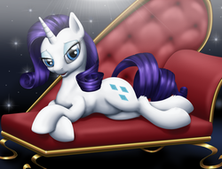 Size: 3400x2600 | Tagged: safe, artist:mekamaned, rarity, pony, unicorn, g4, couch, fainting couch, female, high res, mare, open mouth, sitting, solo, starry background