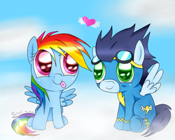 Size: 878x700 | Tagged: safe, artist:jennyppgfan, rainbow dash, soarin', g4, chibi, female, heart, male, ship:soarindash, shipping, straight, tongue out