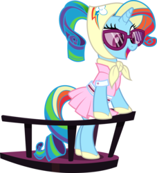 Size: 2400x2638 | Tagged: safe, edit, vector edit, rainbow dash, rarity, pony, g4, sleepless in ponyville, bipedal leaning, camping outfit, clothes, dress, female, glasses, open mouth, rainbow dash always dresses in style, recolor, simple background, smiling, solo, transparent background, vector
