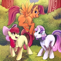 Size: 825x825 | Tagged: dead source, safe, artist:caramelbrulee, apple bloom, scootaloo, sweetie belle, g4, cutie mark crusaders