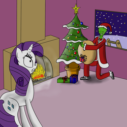 Size: 1389x1389 | Tagged: safe, artist:scribblesdesu, rarity, oc, oc:anon, pony, unicorn, g4, christmas, christmas tree, fireplace, holiday, present, smiling, snow, snowfall, tree, window