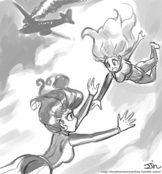 Size: 735x788 | Tagged: safe, artist:johnjoseco, fluttershy, rarity, human, g4, grayscale, humanized, monochrome, skydiving