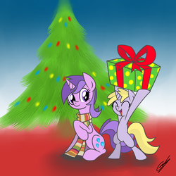 Size: 2000x2000 | Tagged: safe, artist:gearholder, amethyst star, dinky hooves, sparkler, g4, boxing day, christmas, christmas tree, clothes, female, present, scarf, sisterly sparkler, sisters, tree
