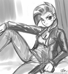 Size: 735x788 | Tagged: safe, artist:johnjoseco, babs seed, human, g4, grayscale, gun, humanized, monochrome, no trigger discipline, older