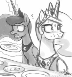 Size: 735x788 | Tagged: safe, artist:johnjoseco, princess celestia, princess luna, alicorn, pony, g4, cake, cakelestia, chewing, crumbs, eating, female, grayscale, luna is not amused, magic, mare, monochrome, open mouth, plate, royal sisters, siblings, sisters, sweat, table, telekinesis, that pony sure does love cakes, the cake is a lie, unamused