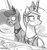 Size: 735x788 | Tagged: safe, artist:johnjoseco, princess celestia, princess luna, alicorn, pony, g4, cake, cakelestia, cheek bulge, chewing, crumbs, eating, female, grayscale, implied theft, luna is not amused, magic, mare, monochrome, open mouth, plate, royal sisters, siblings, sisters, sweat, table, telekinesis, that pony sure does love cakes, the cake is a lie, unamused