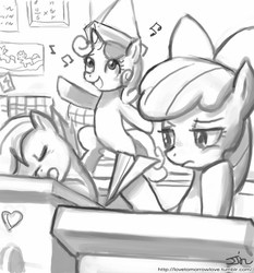 Size: 735x788 | Tagged: safe, artist:johnjoseco, apple bloom, scootaloo, sweetie belle, earth pony, pegasus, pony, unicorn, g4, apple bloom's bow, bipedal, book, bored, bow, eyes closed, female, filly, foal, grayscale, hair bow, hat, monochrome, music notes, open mouth, paper airplane, paper hat, school, school desk, signature, singing, sleeping