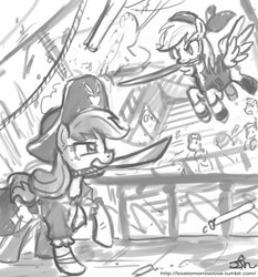 Size: 735x788 | Tagged: safe, artist:johnjoseco, applejack, rainbow dash, earth pony, pegasus, pony, g4, duo focus, female, grayscale, hat, mare, monochrome, mouth hold, pirate, pirate hat, pirate ship, ship, sword, weapon